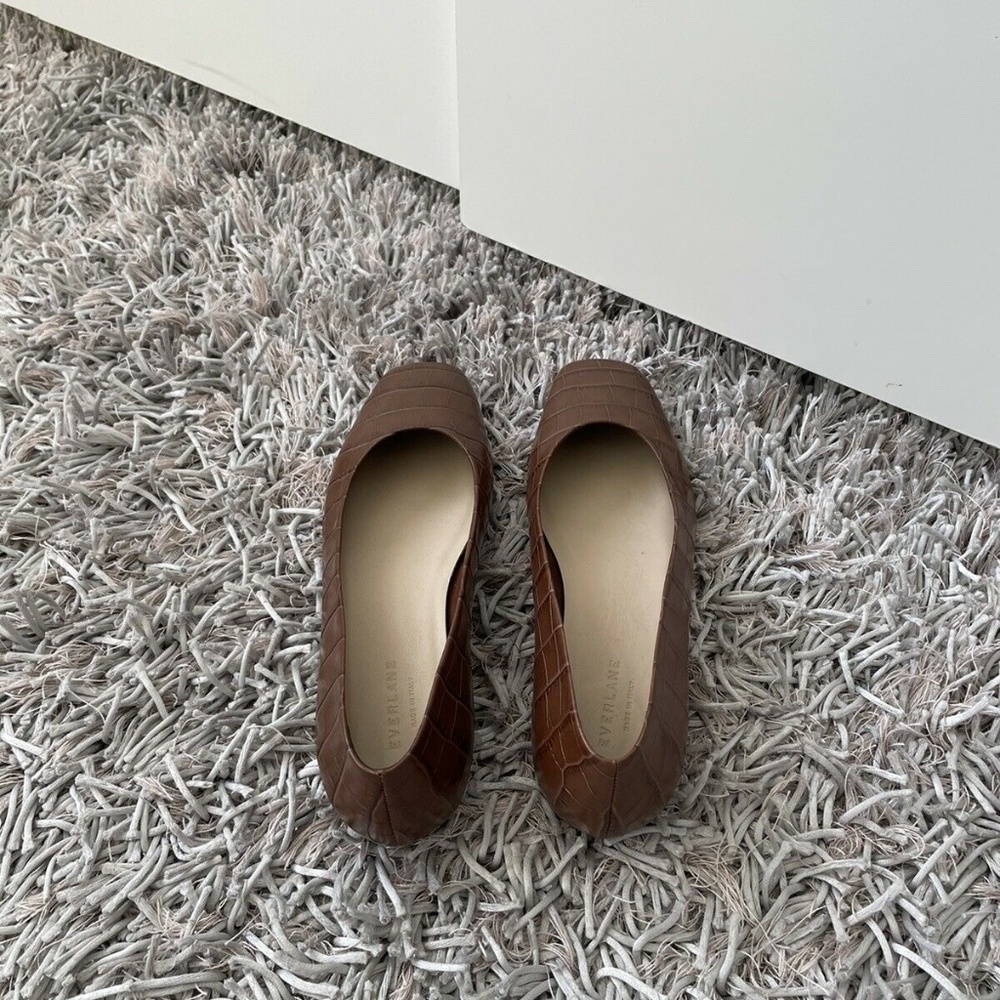 Everlane Toe Flat Leather Brown Crocodile Print Square Women's Sz 11 US❤️ - Picture 4 of 8